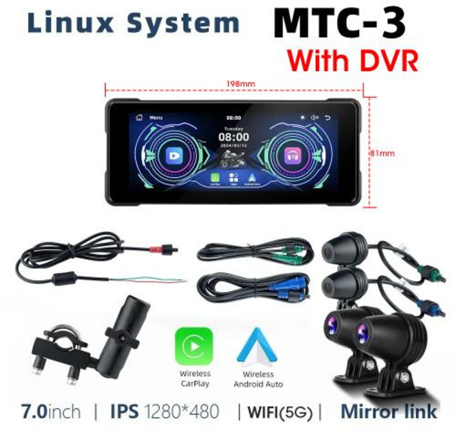 무선 CARPLAY 오토바이 카플레이 디스플레이 안드로이드오토 지원 Srnubi 7 인치 휴대용 네비게이션 GPS 안드로이드 자동 IP67 방수 터치 스크린, 03 MTC-3 DVR