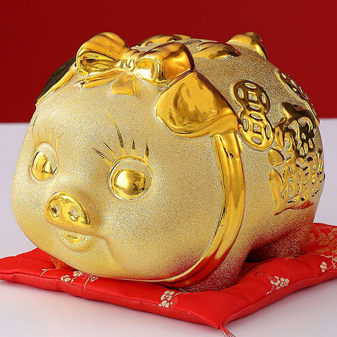 陶瓷小豬撲滿 招財金豬存錢筒 兒童儲蓄罐 零錢桶 禮物, 1個, 一級優瓷（可存可取）送紅佈墊,長21CM（底價限購）