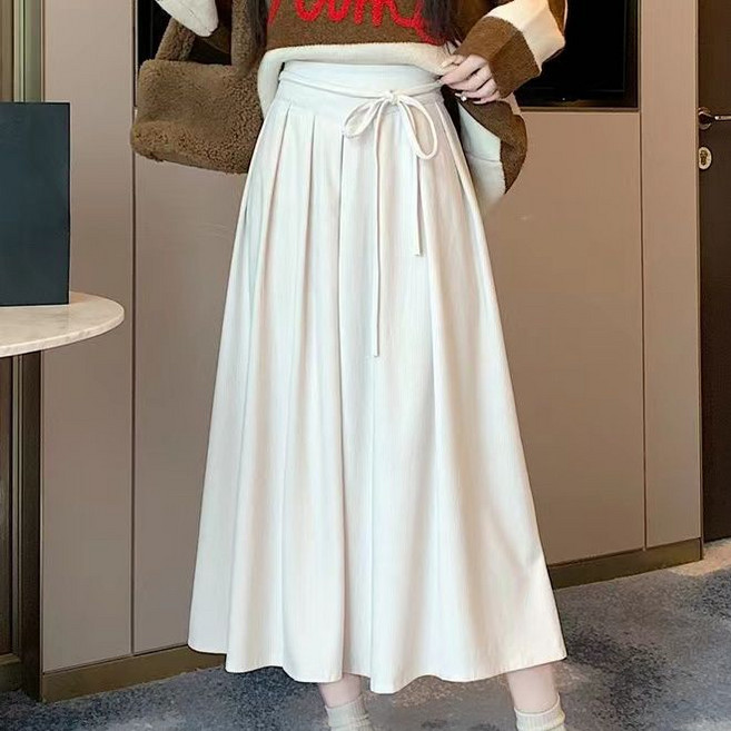 Asure 여자 무지 기질 코듀로이 골덴 허리끈 롱 플리츠 스커트