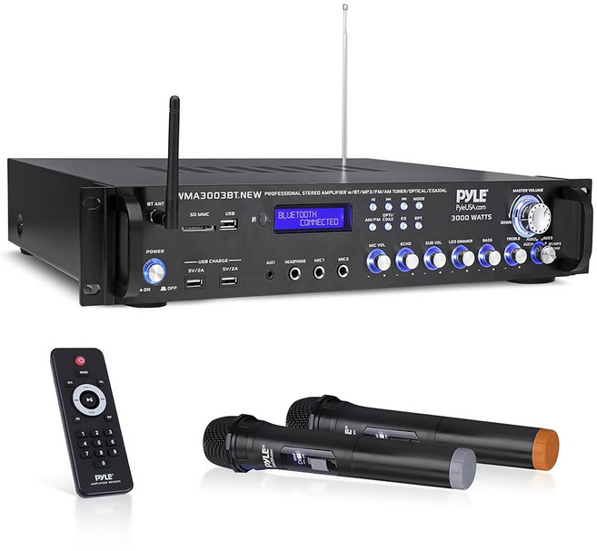 Pyle 파일 블루투스 홈 오디오 파워 앰프 - 4채널 3000W 스테레오 리시버 와 스피커 선택기 FM 라디오 USB 헤드폰 노래방용 무선 마이크 2개 가정용 엔터테인먼트 시, Pyle Bluetooth 가정용 오디오 파워 앰프 -