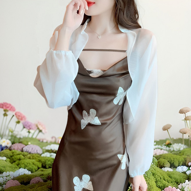 여성용 오픈 긴팔 블라우스 숏 쉬폰 자외선 차단 숄가디건
