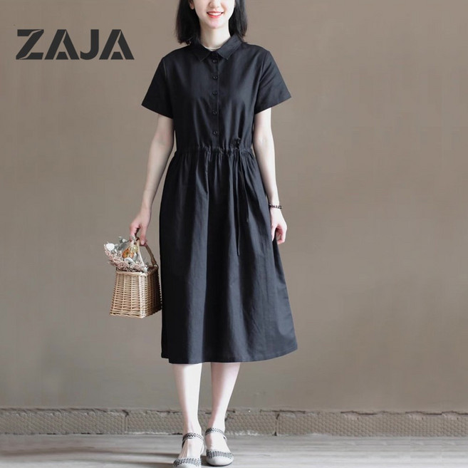ZAJA 여성 여름 반팔 데일리 셔츠 카라 허리끈 원피스