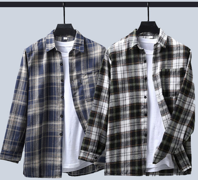 1+1 중년 남성 긴팔 셔츠 남방 캐주얼 봄 가을 얇은 아우터 루즈핏 아빠 상의 긴팔티 기질 체크 남방 셔츠 2P 빅사이즈 CY