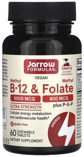 재로우 메틸 B-12 5 000mcg & 폴레이트 800mcg 체리 츄어블 타블렛, 1개, 60정