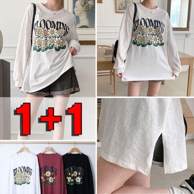 러브포텐 여성 빅사이즈 긴팔롱티셔츠 [1+1] 옆트임 오버핏 긴팔롱티 박스티 화이트플라워 롱티 데일리 심플롱티 봄 가을 미니원피스