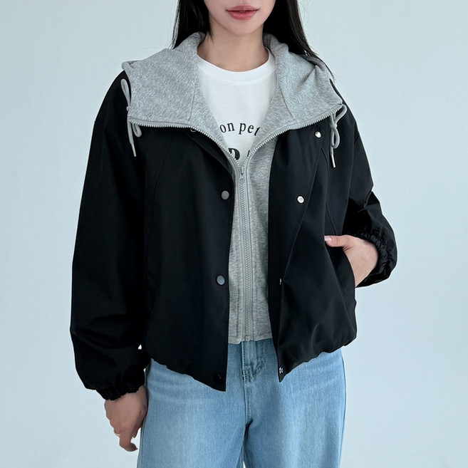 모즈 이중 레이어드 후드 집업 블루종 점퍼