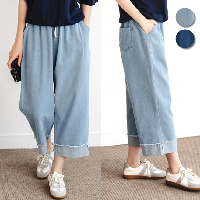 핏몬 여성 여름 밴딩 와이드핏 데님 9부 청바지 55~77