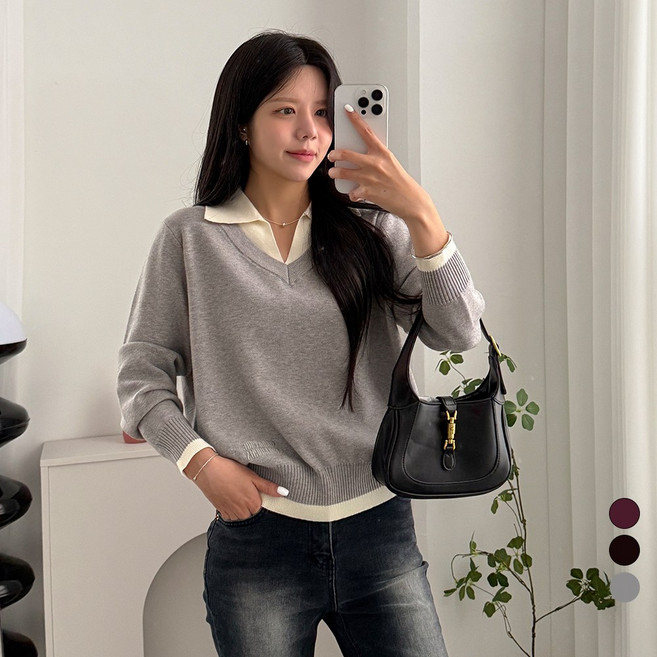 디테일웨어 여성 시그니 일체형 카라니트 부드러운 비스코스 혼방 기본핏 레이어드 레터링 이너니트 간절기 쫀쫀한 스웨터