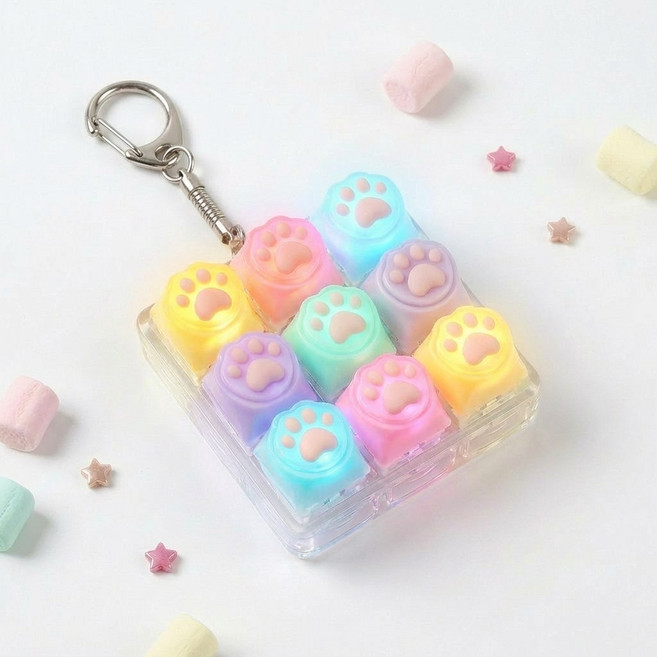 파스텔 고양이 발바닥 불빛 9구 키캡 키링 딸깍이 버튼 열쇠고리, 1개, 솜사탕 파스텔