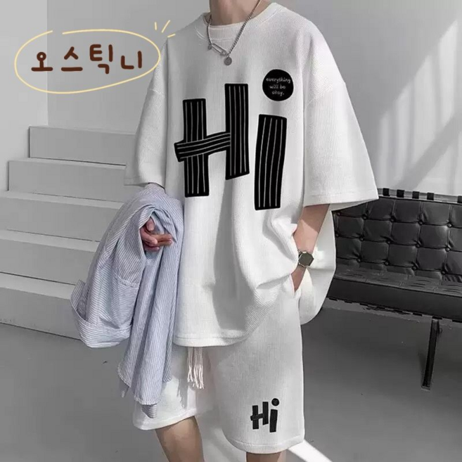 오스틱니 남성 여름 초특가 빅사이즈 라운드넥 프린트 루즈핏 캐주얼 트레이닝 반팔 세트