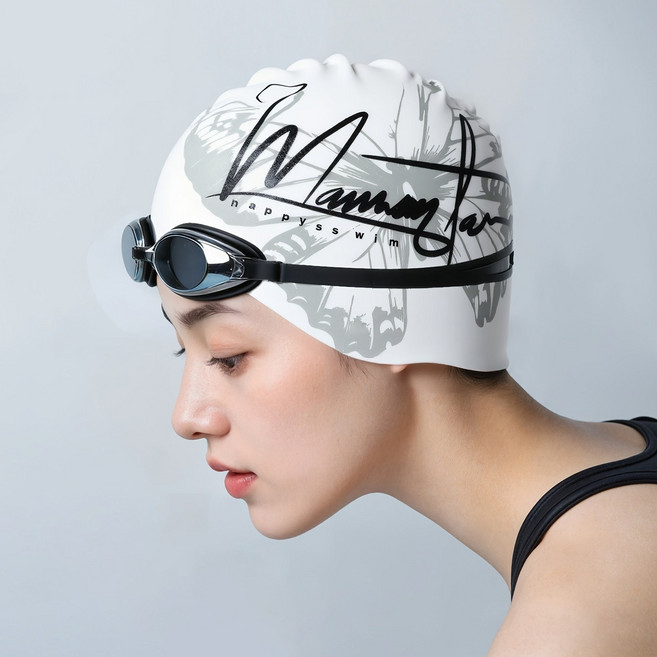 여성용 나비 프린트 실리콘 수영모: 방수 편안함 머리 안 조이는 디자인 프로 훈련용, 1개, 화이트