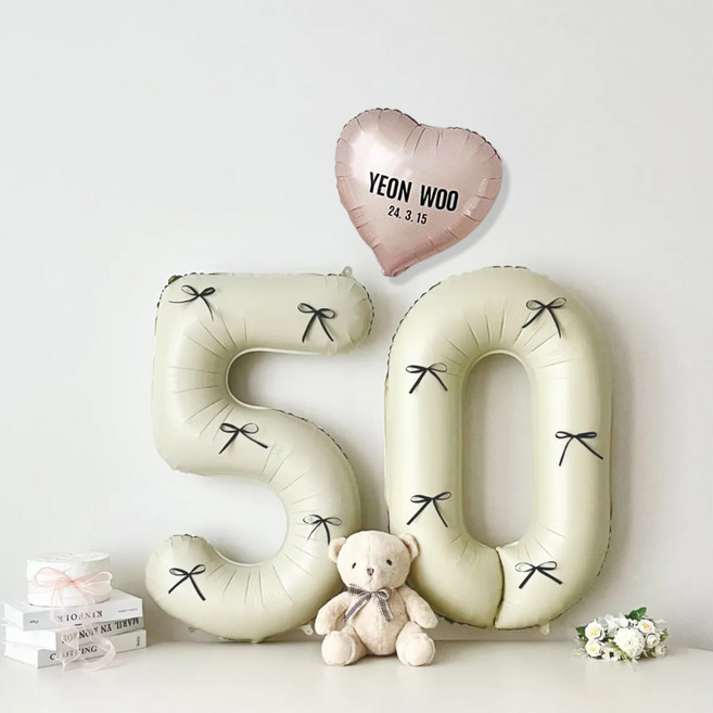 연지마켓 50일 셀프 촬영 하트 숫자 풍선 세트 (이름 레터링 포함), 1세트, 크림 블랙리본