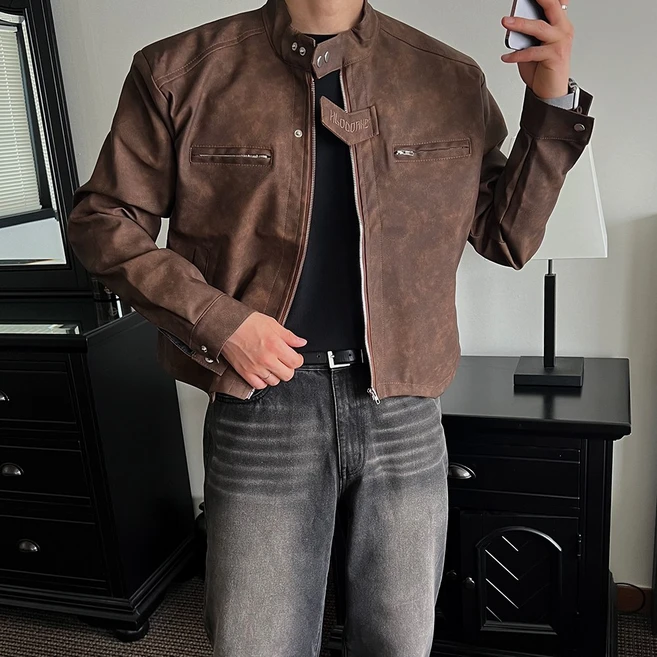 [퀄리티보장] HDN 가죽 레더 크랙 빈티지 차이나 카라 바이커 투포켓 오버핏 크롭 트러커 블루종 데일리 숏 자켓 락시크 캐트릿 봄 가을 아우터 - 쿠팡