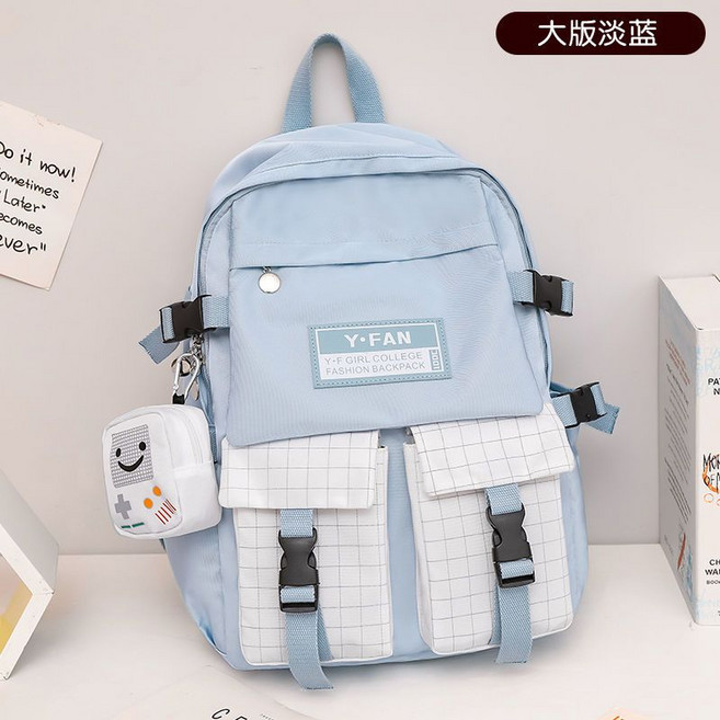 Y•FAN 女學生雙肩包 韓版大容量學院風背包, 1個, 大版淡藍l晞甯