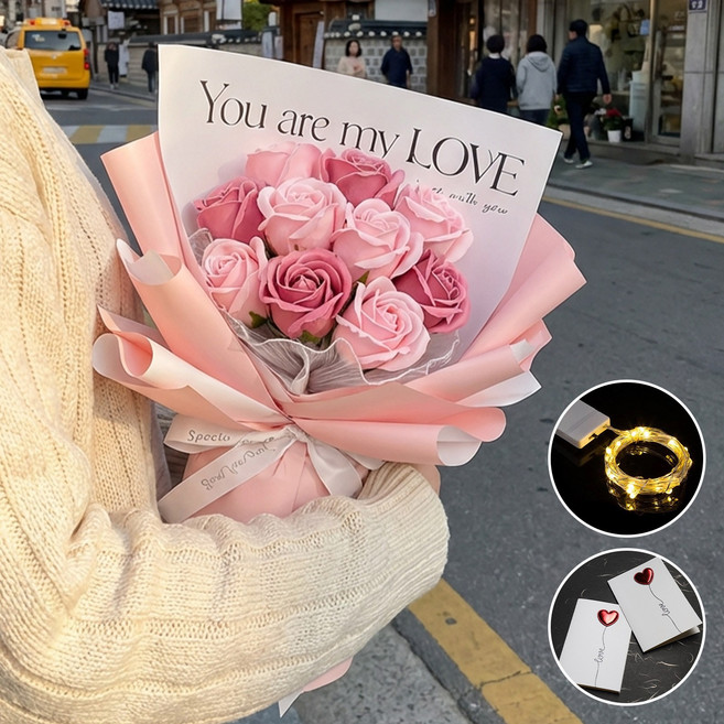 VELNIO 시들지않는 비누꽃다발 LED 장미 로즈부케 졸업선물 기념일 선물 리본포장, 1개, 핑크색