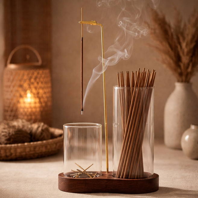 벨린 집게형 2구 유리 인센스 스틱 홀더 거치대 향꽂이, 월넛
