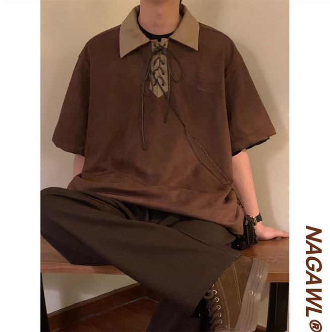 復古潮牌英倫風綁繩翻領短袖恤男女百搭休閑套裝, 1個, 【單件裝】咖色T恤M 建議90-110斤