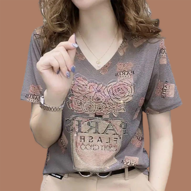 여름 중년여성 반팔티 예쁜 플라워 패턴 브이넥 반팔 티셔츠 루즈핏 시원한 엄마옷 상의 빅사이즈