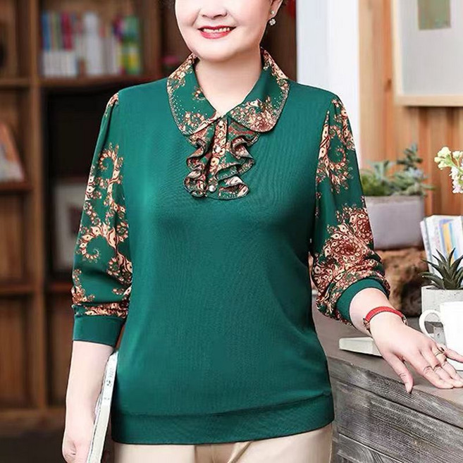 AURALA 중장년 여성 블라우스 가을 빅사이즈 루즈핏 패션 프린트 배색 긴팔 상의 Y1011