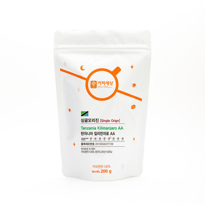 커피세상 원두 탄자니아 킬리만자로 AA, 200g, 1개, 홀빈(분쇄안함), 1.홀빈 (분쇄안함)