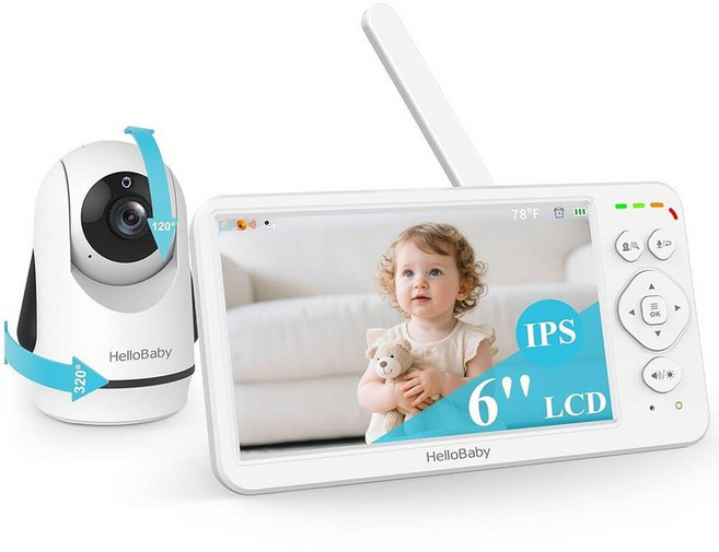 HelloBaby 모니터 6인치 IPS 대형 스크린 비디오 베이비 모니터 Wi-Fi 없음 30시간 배터리 포함 4000mAh 배터리 카메라 및 오디오가 있는 원격 팬, 6.0'', 1 Camera