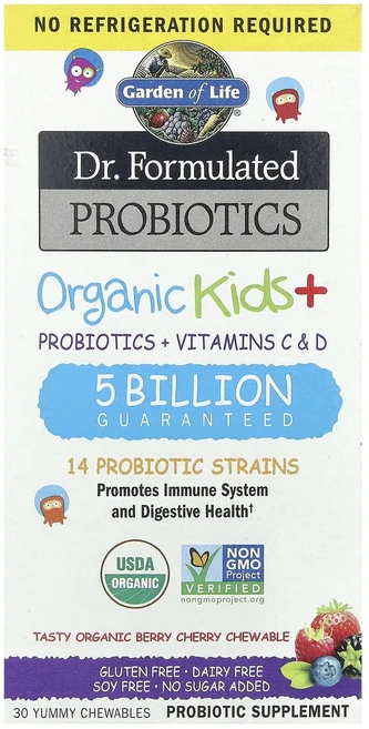 Garden of Life Dr. Formulated Probiotics 유기농 키즈 + 맛있는 유기농 베리 체리 츄어블 30정, 1개 - 쿠팡
