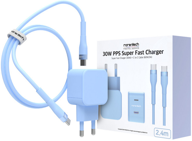 로랜텍 파스텔 PPS PD 초고속 충전기 30W + C타입 to C타입 케이블 2.4m 세트, 블루, 1세트