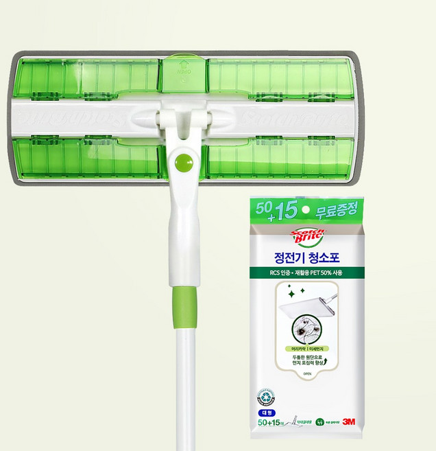 3M 스카치브라이트 클립형 막대걸레 + 정전기 청소포 대형 50+15매, 1세트