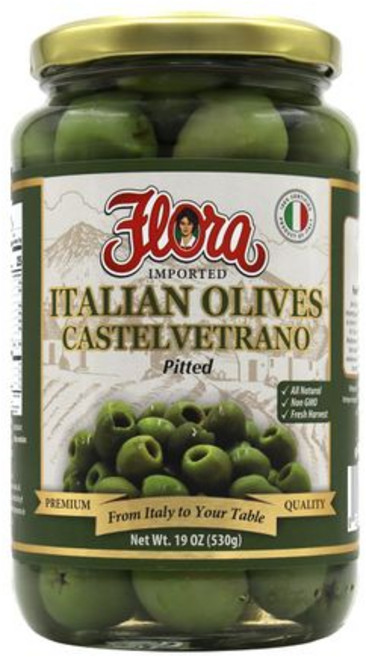 플로라 파인 푸드 하기 이탈리아 올리브 카스텔베트라노 피트 시칠리아 19온스 (530g) 100% All 내츄럴 Non GMO 신선한 수확, 1개, 530g