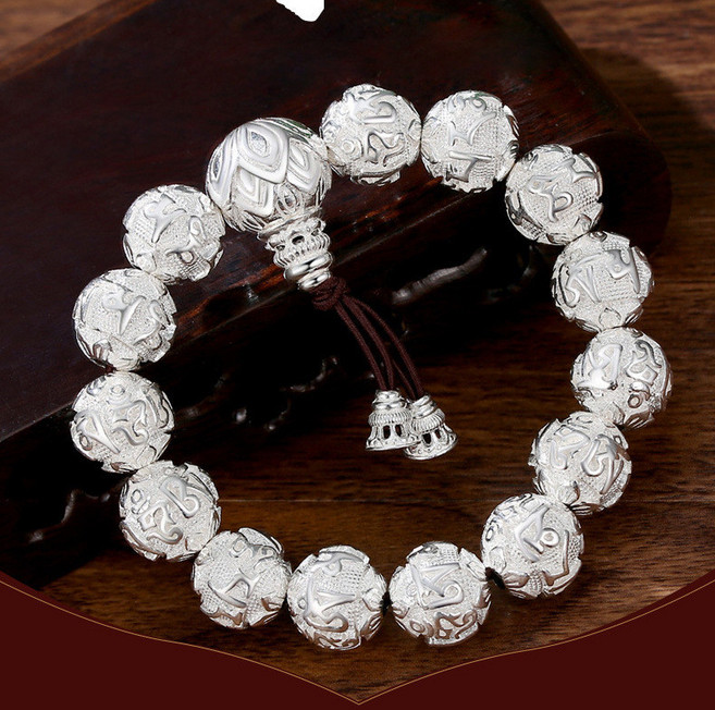 六字真言個性復古泰銀飾品實心轉珠鏈男士手鏈
