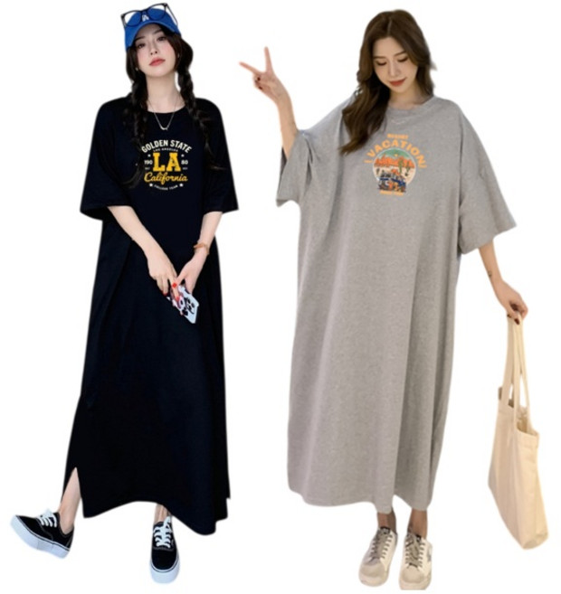 프리티쥬시 1+1 캐쥬얼 루즈핏 프린팅 트임 롱원피스