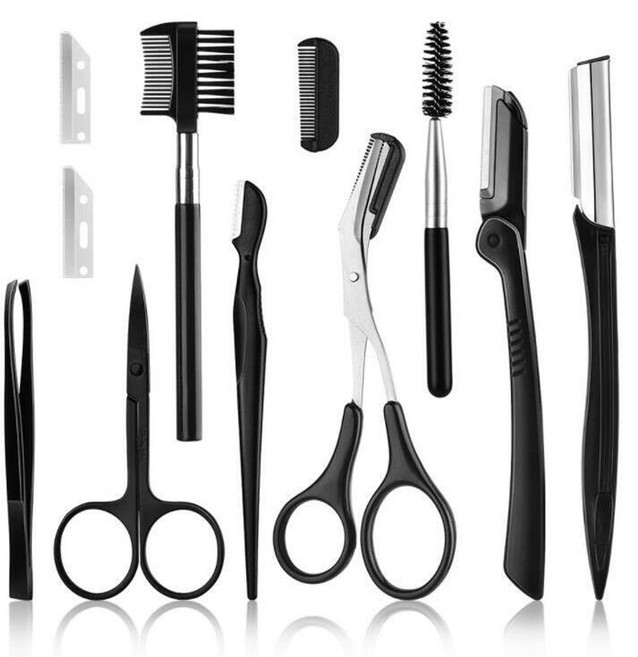 눈썹 면도기 눈썹 키트 여성용 다목적 각질 제거 더마플랜닝 도구 얼굴 면도기 눈썹 그루밍 세트11 in 1, 1개