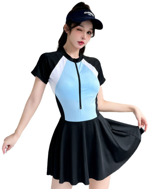 차쿠 여성 반팔 집업 원피스 수영복 체형커버 반팔 원피스 수영복, 블루