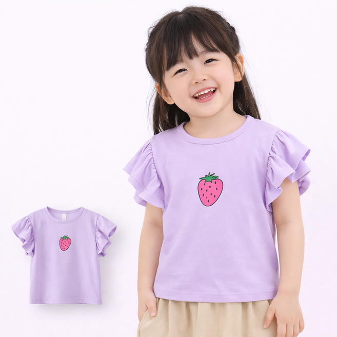 유아 여아 반팔 티셔츠 봄 여름 프릴 등원룩 데일리룩 딸기반짝티셔츠