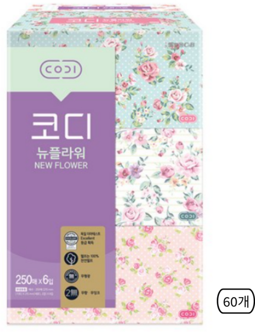 코디 뉴플라워 천연펄프 미용티슈 2겹, 250매, 60개