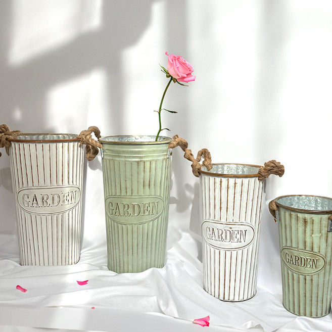 빈티지 가든 롱 바스켓 그린/화이트 긴 양철통 우산통 우산꽂이 화분 인테리어 소품, 소, 1개, 그린