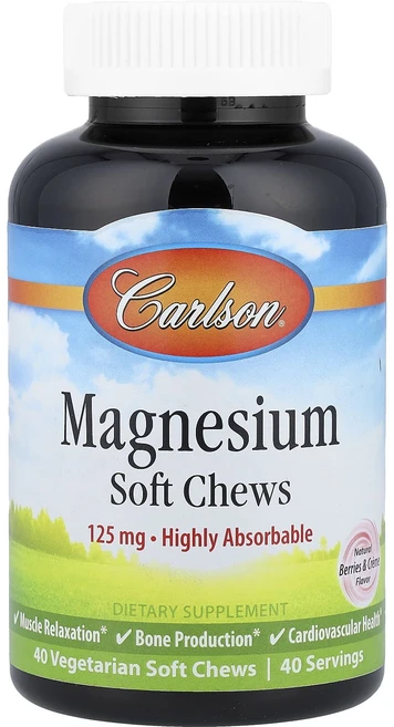 단백질 비타민 철분 마그내슘 칼슘 Carlson 마그네슘 천연 베리 & 크림 125mg 베지 소프트츄 40개 고루고루섭취해주세요, Carlson마그네슘천연베리크림125mg베지소프트츄40 - 쿠팡