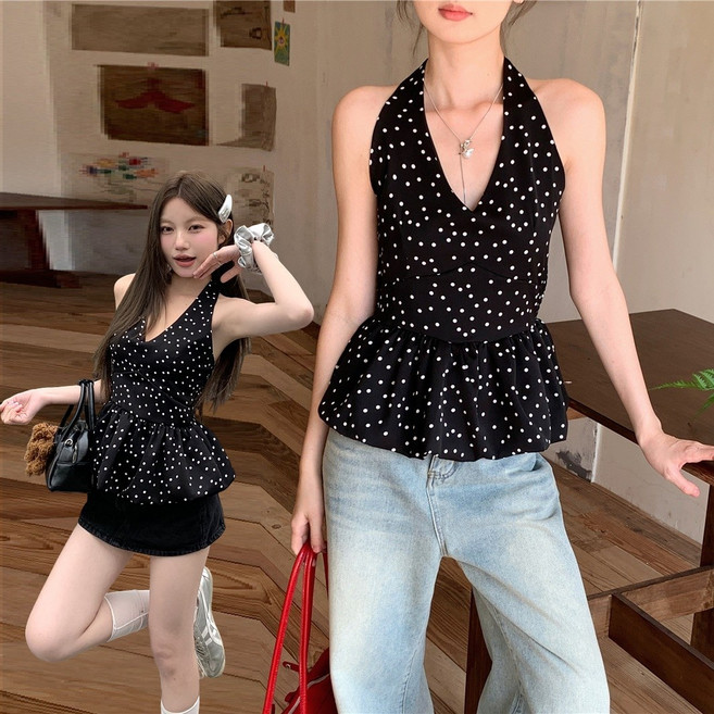 【梨卡】隔日到貨 女裝 上衣 背心 吊帶 花苞露背 綁帶掛脖 V領掛脖 圓點背心 收腰上衣 HZ102