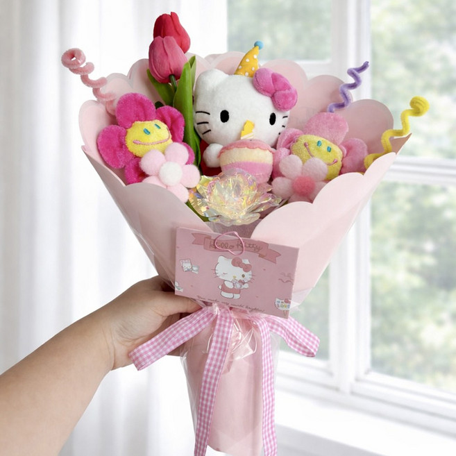 한정수량 산리오생일케익 튤립 가방고리 인형꽃다발 졸업선물 축하선물 생일선물 재롱잔치 학예회 선물, 1개, 헬로키티, 380cm