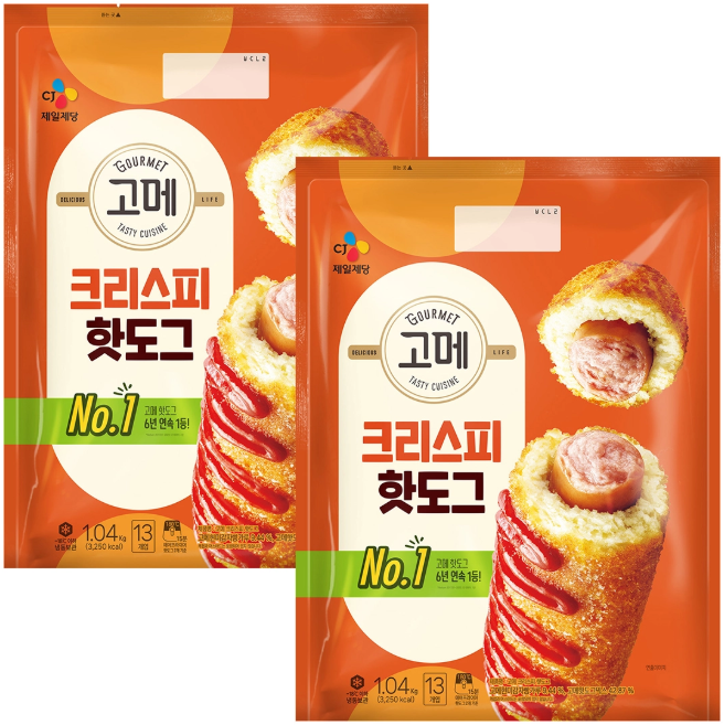 CJ 고메 크리스피 핫도그 2.08kg 대용량 에어프라이어 간식, 1.04kg, 2개