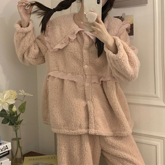2컬러 극세사 겨울 도톰한 카라 단추 파자마 잠옷 세트