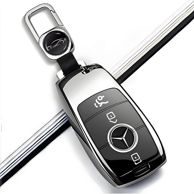 MODACE 벤츠 호환 자동차 스마트키 케이스 TPU Benz 키홀더 + 가죽 메탈 키링, 와 금속 카라비너, 실버 블랙