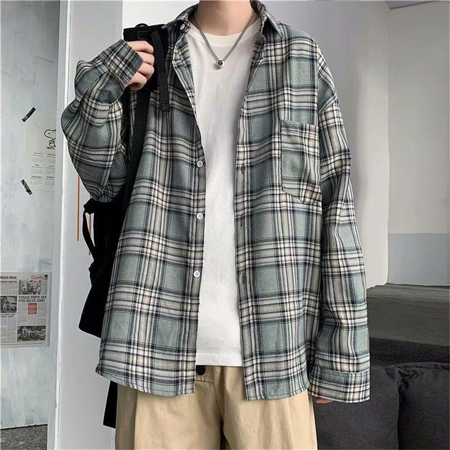 Vezri 남성용 봄가을 캐주얼 루즈핏 체크 무늬 긴팔 셔츠 Add
