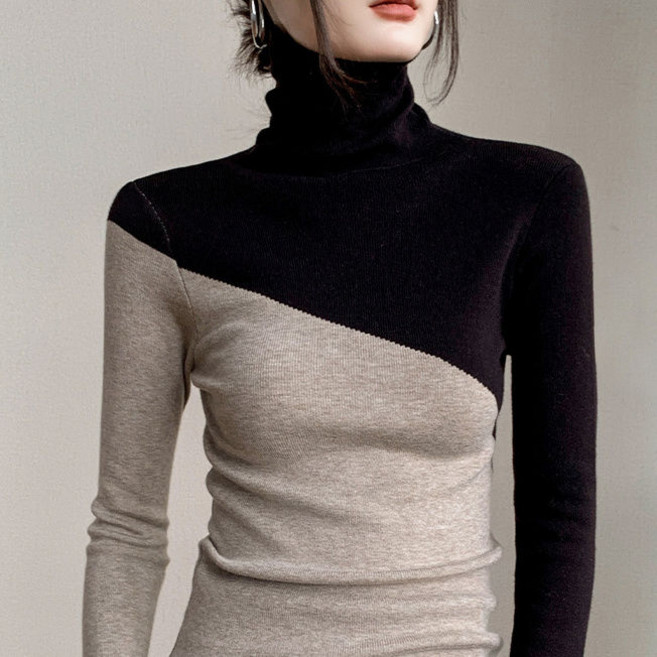 가을 겨울 여자 목폴라 니트티 캐주얼 배색 슬림핏 터틀넥 니트 패션 여성 목폴라티 CJJ