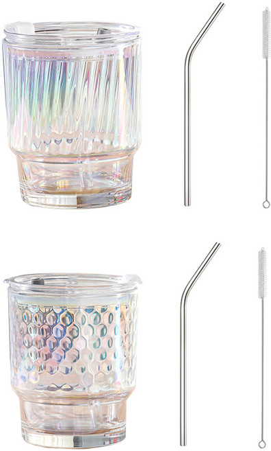 1+1 리유저블컵 내열 유리 텀블러 오로라 강화 유리컵 전용 스텐 빨대 세척솔 포함 홀로그램 감성 샤이닝 유리병 보틀 물병 리유저블 콜드컵 휴대용 미니 아이스 텀블러컵 바틀 투명, R89137Q(오로라 350ml, 2개입, 1세트