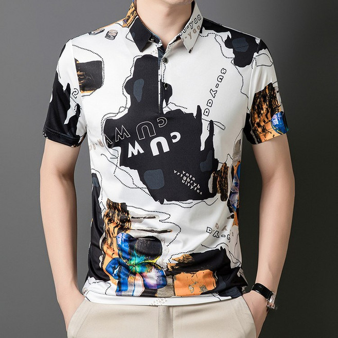 남자 티셔츠 폴로 셔츠 프린트 아이스 실크 고급 반팔 캐주얼 속건 통기 여름 상의