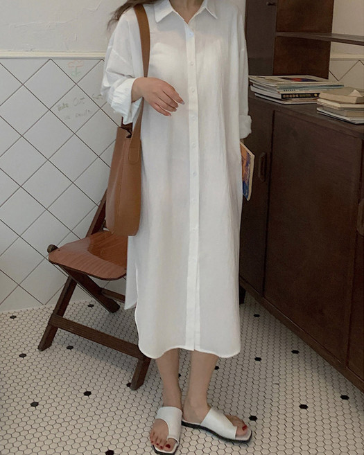 여성 투웨이 루즈핏 트임 슬릿 로브 카라 면 셔츠 롱 원피스 트임롱셔츠로브원피스