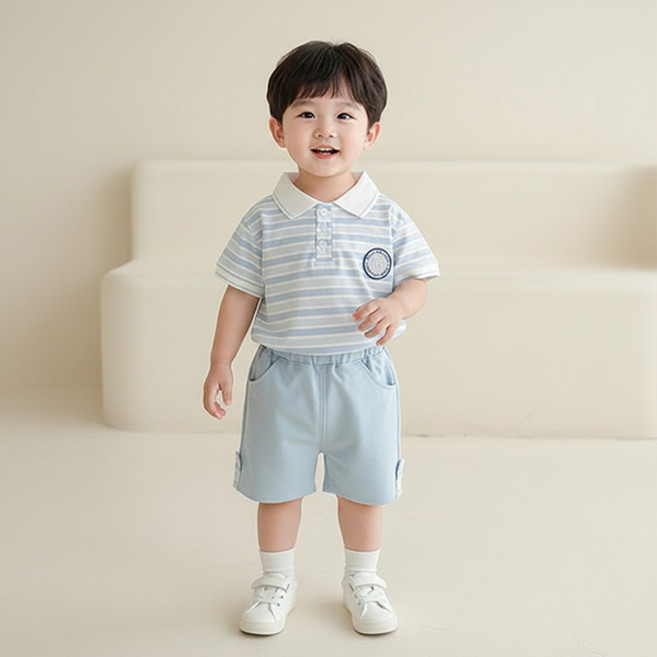 몽실이 블루 스트라이프 와펜 반팔상하복 여아 남아 아기 어린이집 등원룩 등원복 나들이룩 바캉스룩 하객룩 여름 상하세트