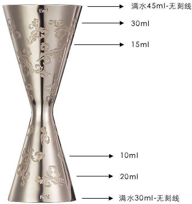 不鏽鋼雙頭量杯量酒器盎司杯調酒杯一體成型 內外刻度線Jigger, 一體量杯30/45mL樹葉版, 1個