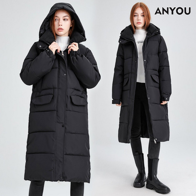 ANYOU 여성 롱패딩 겨울 하이넥 오버핏 데일리 패딩 코트 방한 방풍 여성패딩 후드 빅사이즈 경량패딩 코트